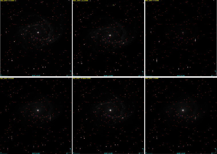 Figure 1: Calibración astrométrica para los filtros U, B, V, R, Hα e I (de izquierda a derecha y de arriba a abajo)